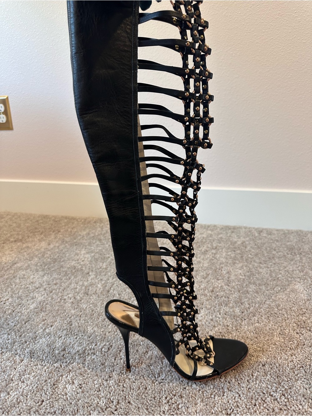 Sophia Webster Black Open Lattice Gold Studded Over-the-Knee Stiletto Boots